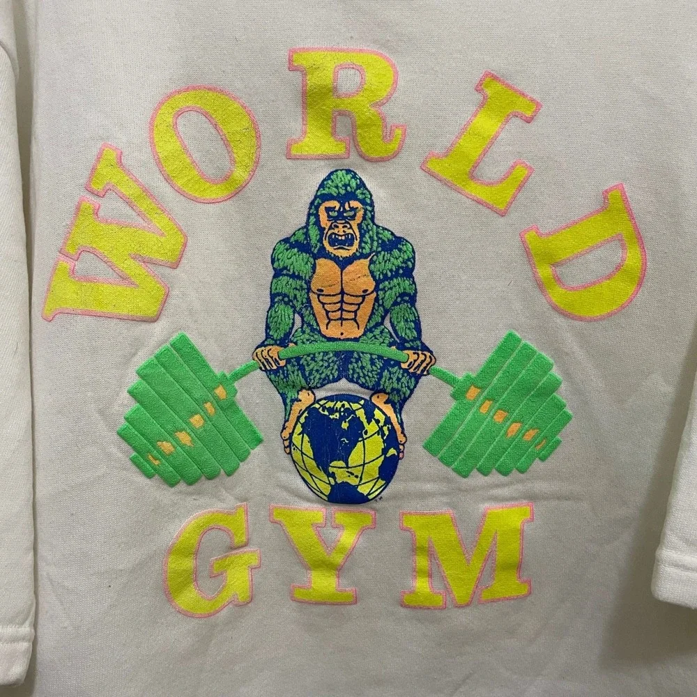 Vintage World Gym Cut Off Sweatshirt Off Shoulder Gorilla Weightlifting 80s‎ 90s